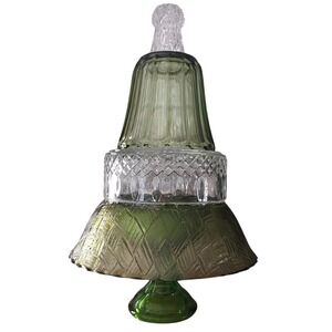 Vintage Green Glass Stacked Christmas Tree Tabletop Decor Accent 15 Inch Curated